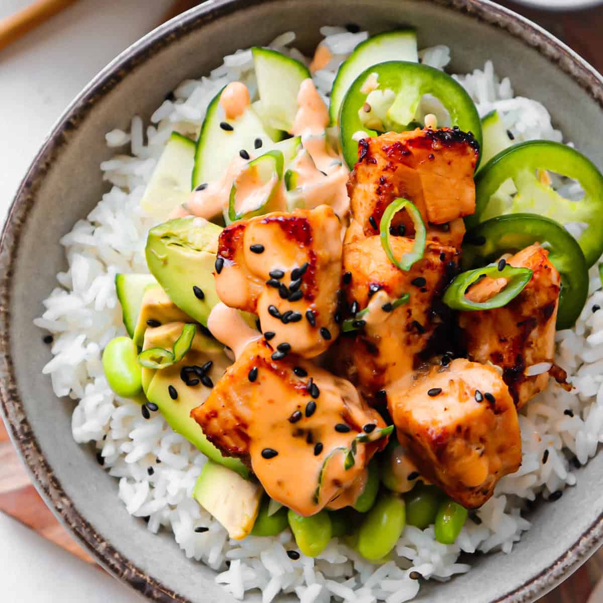 Sushi Salad Topped with Salmon Cubes